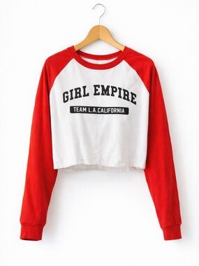 Sinsay Girl Empire Cropped Graphic Tee Red White Raglan Long Sleeve XL